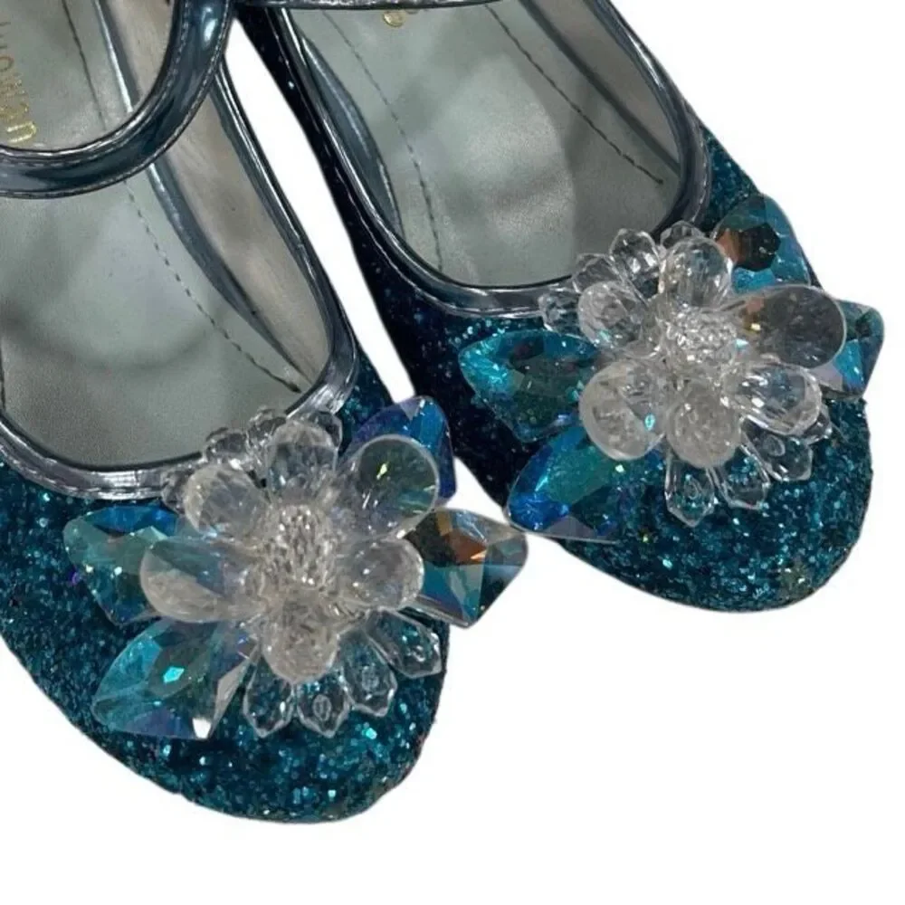 NWOT Jiadowang Dance Shoes Girls Size 31 Blue Glittered Crystal Flower Accent